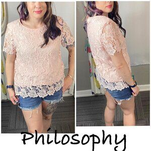 Philosophy baby pink floral lace short sleeve blouse. Keyhole